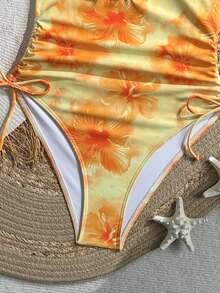 Swim Mod 女款夏季新款一件式泳衣，黃色漸層花卉隨機印花，3D花卉胸部細節，側面抽繩設計，度假海灘泳裝 - 黃色 - 查看 7