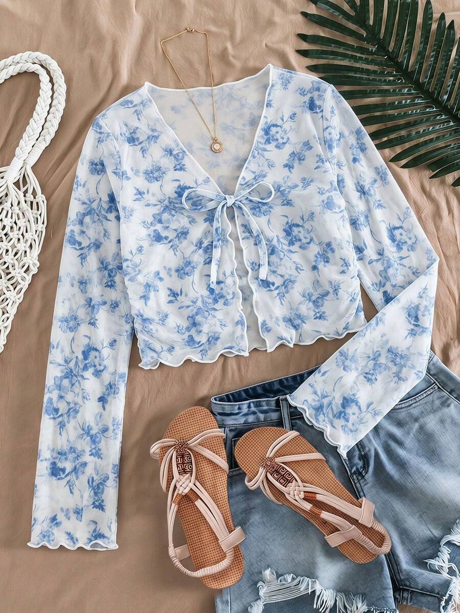 SHEIN Tween Girl Floral Pattern Ruffle Trim Long Sleeve V-Neck Bow Front Cardigan