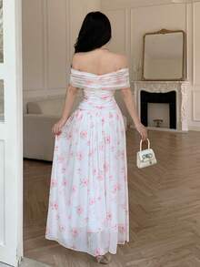Modelyn Floral Pattern Off-Shoulder Cinched Waist Fitted Midi Dress For Women - Pink - View 3