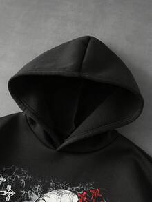 ROMWE MEN 男士動漫角色印花長袖休閒連帽衛衣 - 黑色 - 查看 4