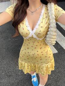 K-Vae 女款韓式溫柔深藍色碎花茶歇裙，V領收腰顯瘦荷葉邊裙襬貼身優雅短洋裝 - 彩色 - 查看 3