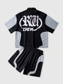 ROMWE MEN Conjunto de camisa holgada estampada para hombre, estilo retro callejero - Negro - Ver 2
