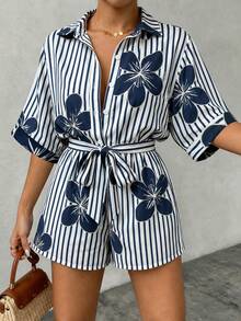 SHEIN LUNE Jumpsuit Liburan Wanita Ukuran Besar Motif Garis dan Bunga - MultiWarna - View 1
