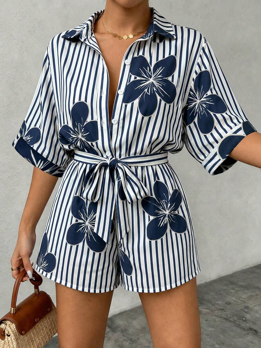 SHEIN LUNE Jumpsuit Liburan Wanita Ukuran Besar Motif Garis dan Bunga - MultiWarna - View 1
