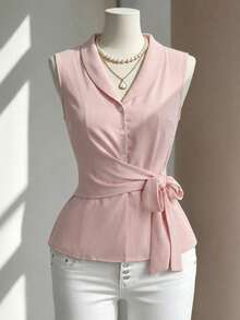 SHEIN PariChic Blusa sin mangas de unicolor con lazo en la cintura, estilo de commuter francés, adecuada para el Día de la Madre, reuniones familiares, ir al trabajo y atuendos elegantes - Rosa - Ver 8