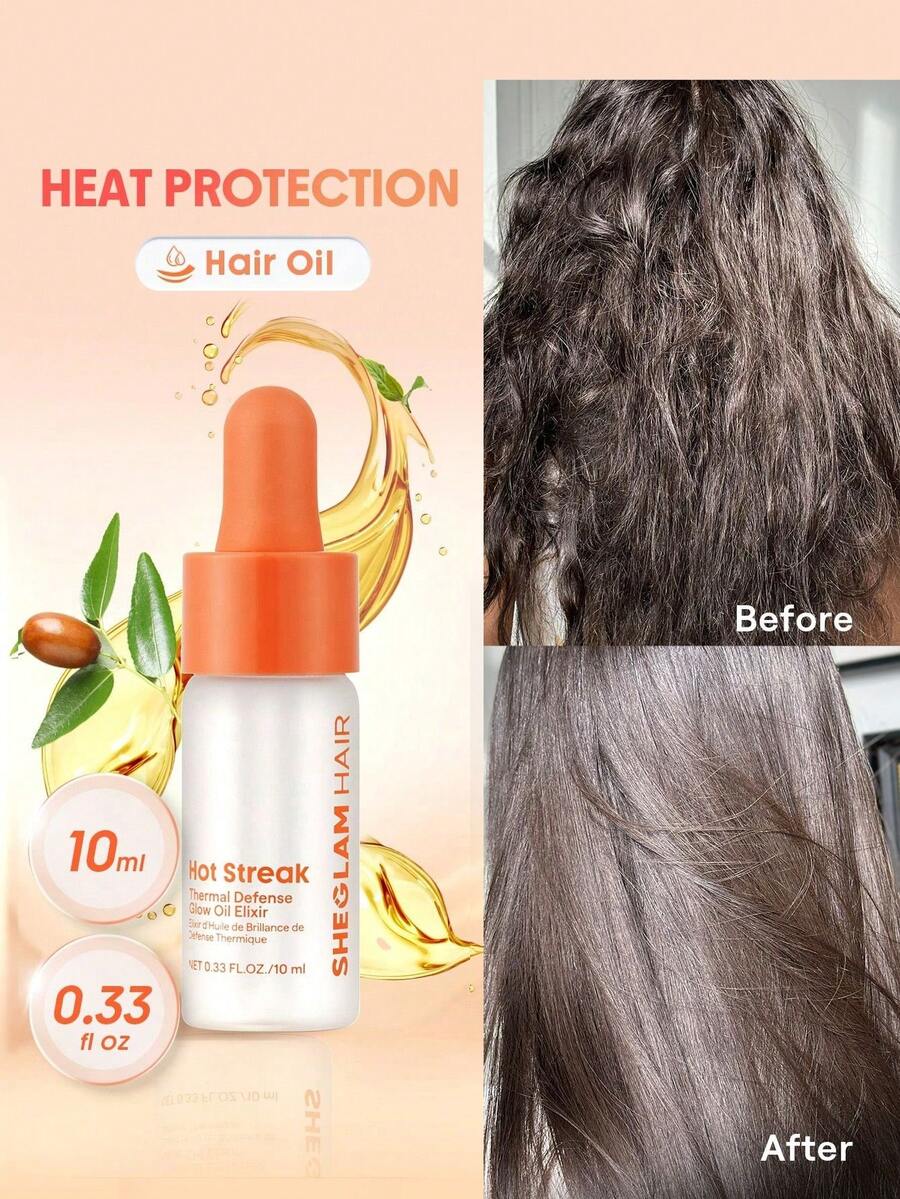 SHEGLAM HAIR Hot Streak 熱防禦發光油 Elixir-10 毫升/0.3 液量盎司，護髮精油，玫瑰香味保濕油精華，深層滋養，髮油耐熱捲髮產品護髮精華，撫平毛躁和髮絲光澤，富含葵花籽油的隔熱噴霧，適合所有髮質 禮物 粉紅色的 化妝品 海灘 節慶 護髮 假期 夏天 美髮配件 返校 旅行 - 無色 - 查看 1