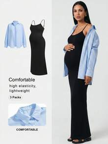 Modmama 2pcs/Set Maternity Striped Drop Shoulder Blouse And Fish Tail Strap Casual Dress Fall - Multicolor - View 2