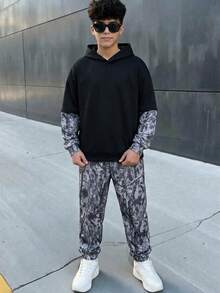 兒童青少年男孩休閒極簡楓葉圖案圓領 2 合 1 長袖 T 恤與雙腰帶設計長褲 2 件套，適合春秋夏冬過渡季節，通勤、上學、日常休閒外出、運動 - 黑色 - 查看 2