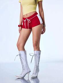 Y2Kool Red And White Striped Colorblock Y2K Low Waist Mini Shorts Women's Sporty Casual Streetwear Spring/Summer Gym Holiday Island Vacation Music Festival - Red - View 6