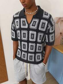 STEELVANCE Men's Geometric Print Casual Versatile Daily Wear Knit Top - Dark Grey - View 5
