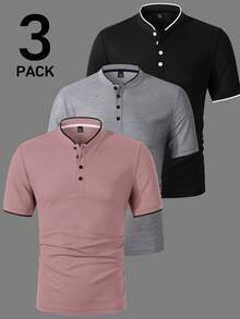 Manfinity Homme 男士 3 件組對比飾邊拼接鈕扣設計 Polo 衫，儀式款 - 彩色 - View 4