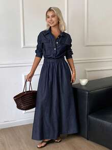 DAZY Summer Autumn Collared Cinched Waist Long Sleeve Solid Color Women's Denim Dress - Blue - View 5