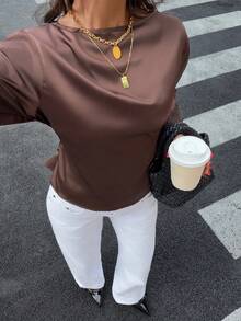 Siren Gaze New Autumn Women's Dark Brown Satin Lace-Panel Long-Sleeve Shirt With Flared Sleeves Sophisticated Style For Work Dinner Date Office Party Elegant - Brown - View 4