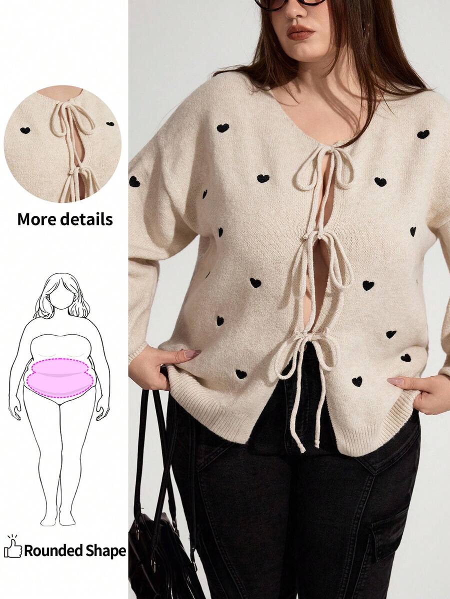 Enliva talla grande tamaños Cardigan de mujer con decoración de corazón, elegante y de moda francés, cálido abrigo de suéter, otoño / invierno - Multicolor - Ver 1