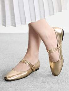 CUCCOO BIZCHIC Spring And Autumn Metal Buckle Contrasting Color Hemming Round Toe Flat Bottom, Retro Style Mary Jane Shoes Commuting Shopping - Gold - View 3