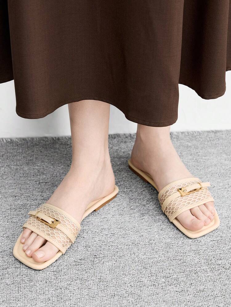 CUCCOO BIZCHIC Black Mesh Yarn Drag Women, Square Toe Flat Bottom Sandals In Summer, Metal Buckle Hollow Breathable Non-Slip Beach Slippers Slip-On Women's Shoes