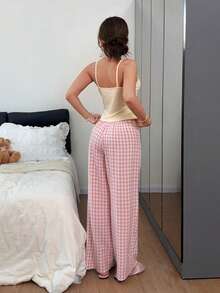 Dream Adore Women's Knitted Pink Heart Print Camisole & Plaid Long Pants Pajama Set - Multicolor - View 2