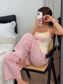 Dream Adore Women's Knitted Pink Heart Print Camisole & Plaid Long Pants Pajama Set - Multicolor - View 4