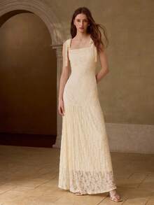 MOTF PREMIUM WOMEN'S SUMMER LACE SHOULDER KNOT MAXI STRAP DRESS WEDDING BIRTHDAY MOTHER OF THE BRIDE VACATION WHITE SEQUIN ELEGANT ROMANTIC - Beige - View 2