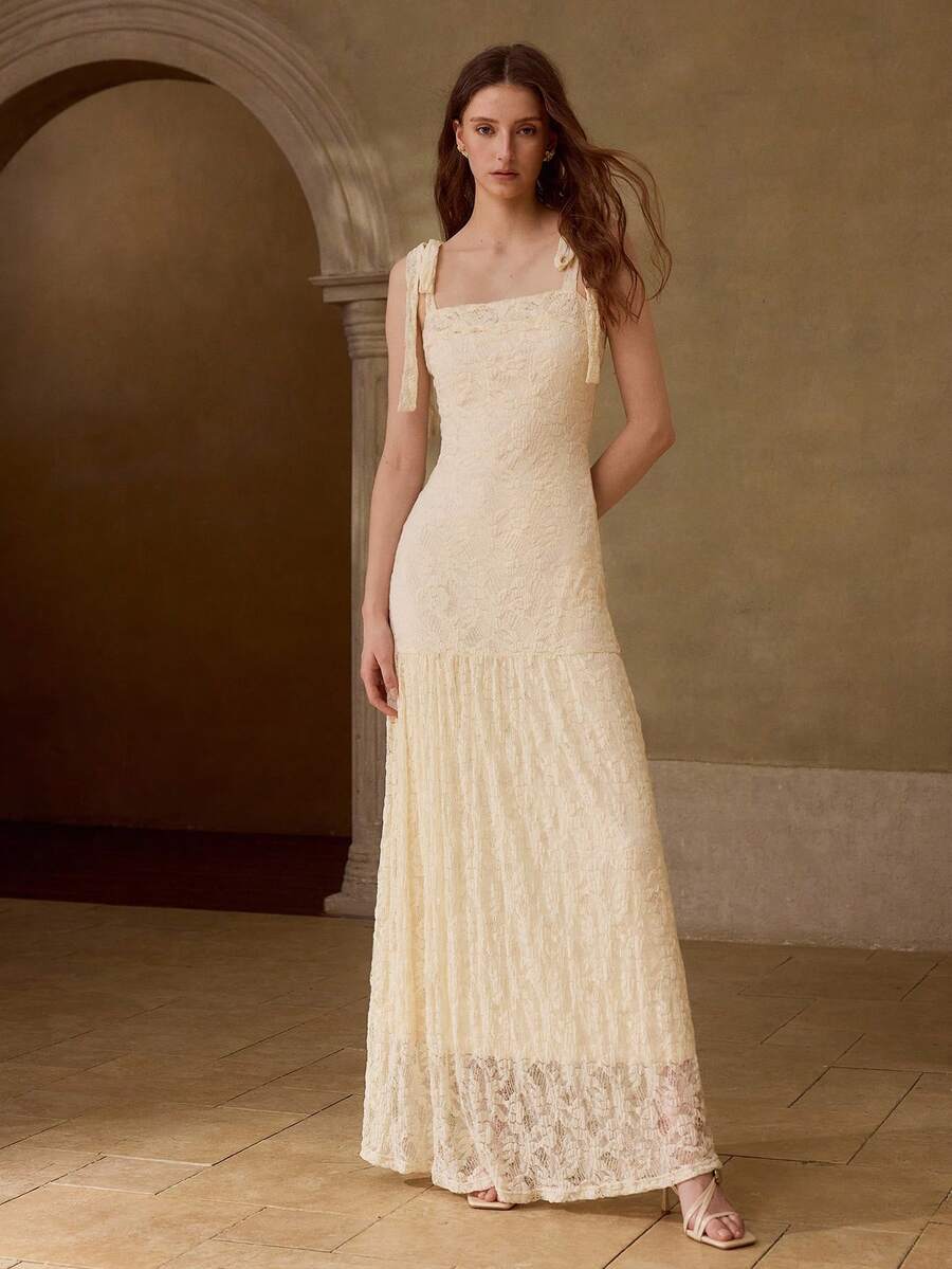 MOTF PREMIUM WOMEN'S SUMMER LACE SHOULDER KNOT MAXI STRAP DRESS WEDDING BIRTHDAY MOTHER OF THE BRIDE VACATION WHITE SEQUIN ELEGANT ROMANTIC