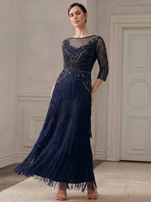 Anewsta Robe élégante abricot pour femmes printemps/été, tenue élégante robe de soirée, robe de mode à franges avec perles et paillettes, robe de soirée, robe longue - Bleu marine - Voir 6