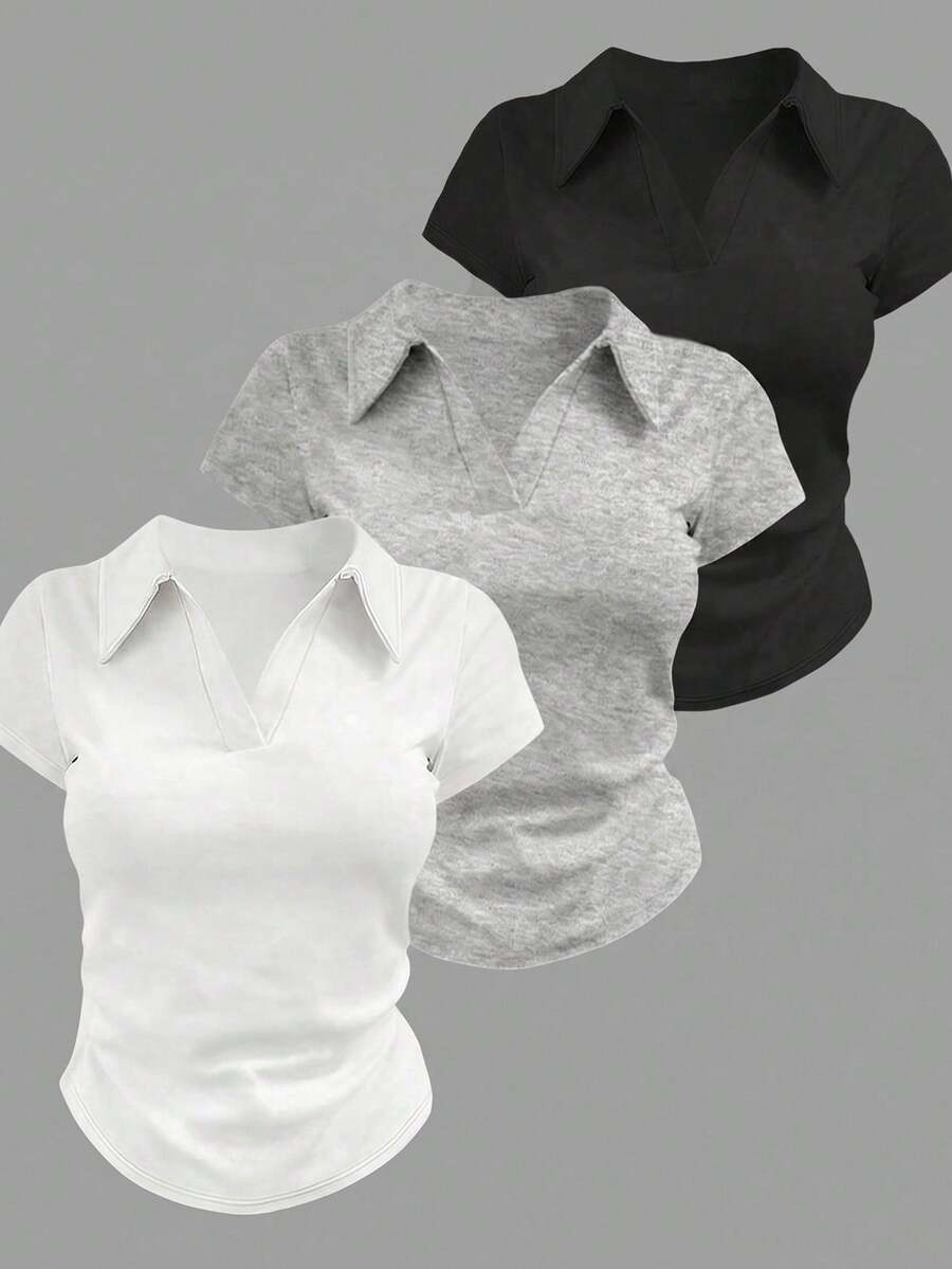SHEIN 3pcs/Set Tween Girls Tween Girl Polo Collar Ruched Waist Short Sleeve T-Shirts, Black & White - Multicolor - View 1