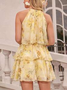 Amorya Summer Elegant Flowy Women's Floral Print Metal Accessory Decorated Multi-Layered Cake Tier Ruffle Short Dress, Wedding Guest Vacation Outfit - Yellow - View 2