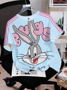 LOONEY TUNES X SHEIN 女款休閒卡通印花圓領T恤，適合日常穿搭 - 白色 - 查看 3