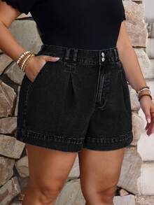 EMERY ROSE Women's Casual Denim Shorts With Pocket And Button Design - Black - View 1