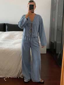 Livesso 女款夏季短袖前綁帶上衣與寬腿牛仔褲套裝 - 藍色 - 查看 6