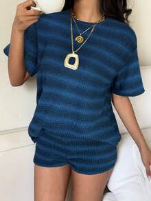 SHEIN EZwear 条纹针织休闲女装套装 - 藏蓝色 - 查看 6