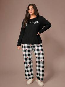 Lazeform Plus Letter Graphic Tee & Heart & Plaid Print Pants PJ Set / Pajama Set  Cozy And Elegant Details, Fall Winter Clothes Outfit - Black and White - View 1
