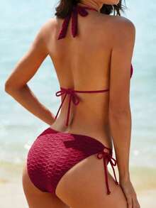 Swim Vcay 女款紋理面料度假風掛脖綁帶性感比基尼兩件式泳衣套裝 - 酒紅色 - 查看 2
