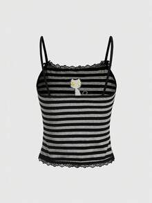 ROMWE Hippie Plus Size Black Cat Printed Striped Camisole Top With Lace Decoration, For Summer - Black and White - View 3