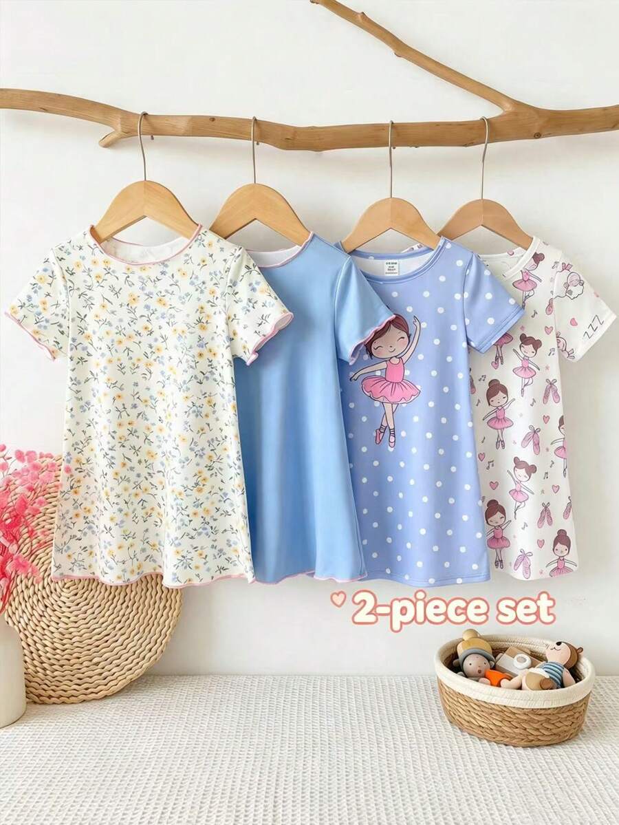 Gaun Pullover Lengan Pendek Motif Bunga dan Biru untuk Bayi/Balita (Perempuan) - MultiWarna - View 1
