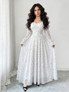 Modelyn French Cottage Core Design Keyhole Neck Tie Waist Lantern Sleeve Midi Dress For Women Tea Party White And Blue Floral Summer - Blue - View 3