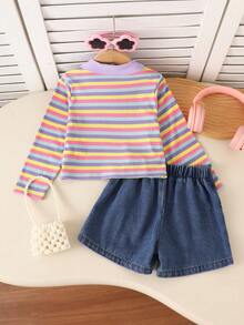 Back To School Season Girls Toddler Casual 2pcs Set Spring/Autumn Rainbow Striped Shirt Collar Long Sleeve T-Shirt, Soft Ribbed Knit Top Denim Skort - Multicolor - View 2