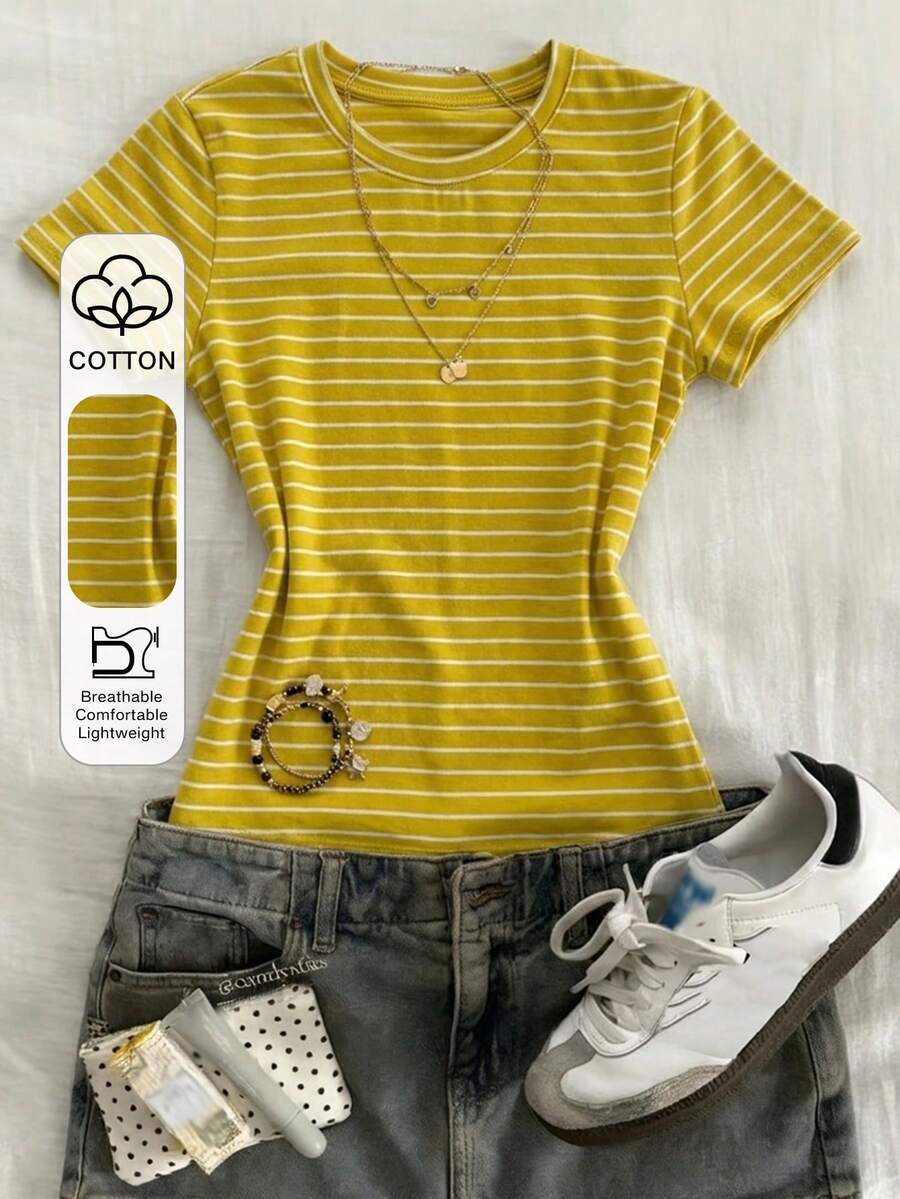 DAZY Solid Color Round Neck Fitted Short Sleeve Women T-Shirt - Yellow - View 1