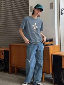 DAZY 夏季新款海灘度假女款寬鬆休閒印花圖案T恤 - 藍色 - 查看 5