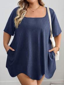 SHEIN CURVE+ Curve大尺碼女裝/秋季女裝/冬季女裝/大尺碼方領不對稱下擺口袋短袖T恤黑色上衣 8XL 6XL 5XL 大尺碼女裝上衣，女性度假穿搭秋季冬季CURVE PLUS - 藏蓝色 - 查看 3