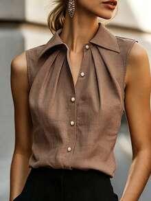 SHEIN Sleeveless Collared Shirt, Pleated Design To Flatter Shoulder And Neckline, Pearl Button Accents, Elegant And Professional, Suitable For Commuting Or Daily Wear - Brown - View 1