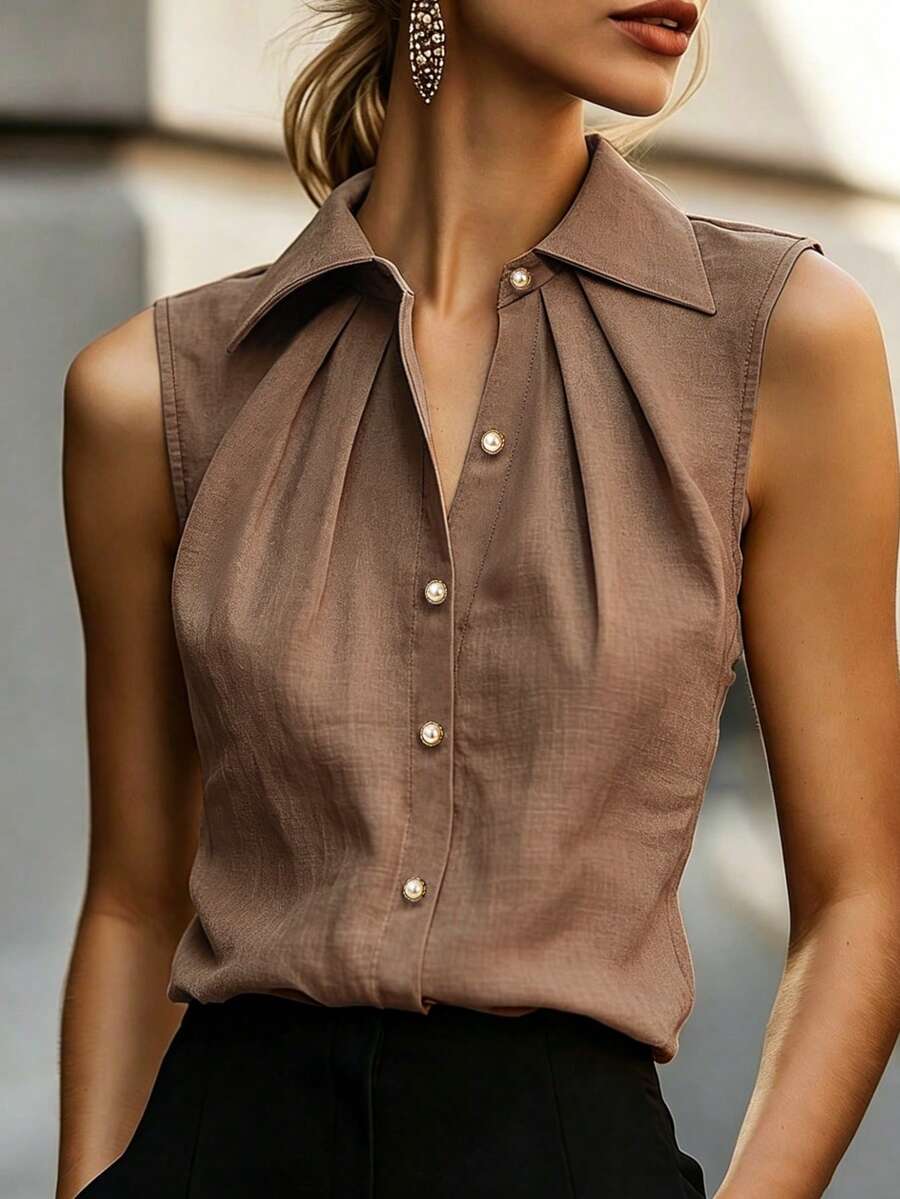 SHEIN Sleeveless Collared Shirt, Pleated Design To Flatter Shoulder And Neckline, Pearl Button Accents, Elegant And Professional, Suitable For Commuting Or Daily Wear - Brown - View 1