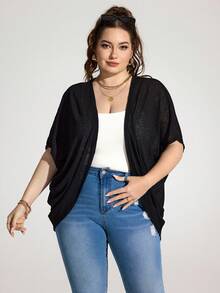 Enliva Jolene.Mendez Plus Size Vacation Solid Color Asymmetric Hem Batwing Sleeve Casual Jacket,Spring/Summer, For Apple Rounded Body Shape - Black - View 5
