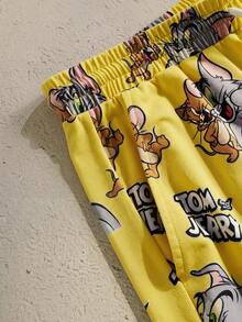TOM & JERRY X SHEIN 男士卡通印花短袖上衣與短褲家居服套裝 - 黃色 - 查看 6