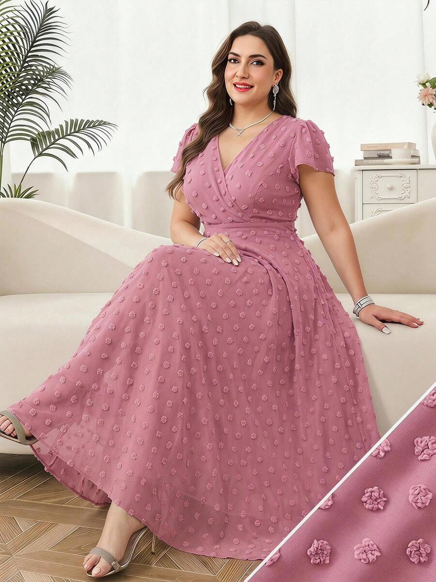 Reflora Gaun Wanita Ukuran Besar Elegan dengan Motif Bunga, Gaun untuk Tamu Pernikahan Musim Panas - Dusty Pink - View 1