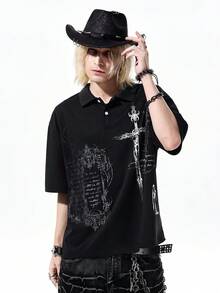 ROMWE MEN Men's Cross Slogan Print Casual Versatile Daily Wear Short Sleeve Polo Shirt - Black - View 7