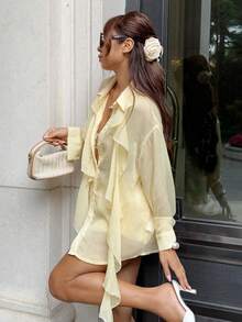 Serisse Setelan 2 Potong Wanita: Kemeja Lengan Panjang Model Bahu Longgar Warna Polos dan Celana Pendek dengan Hiasan Ruffle - Angsa kuning - View 1