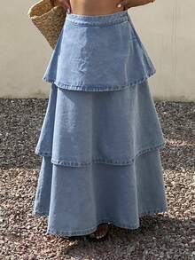 Livesso Women's Loose Ruffled Denim A-Line Skirt - Blue - View 6