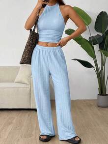 SHEIN EZwear 蓝色针织女式休闲运动套装 - 藍色 - 查看 3
