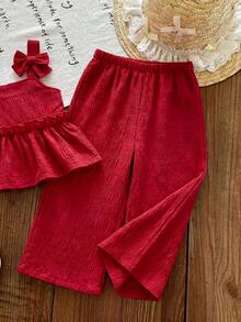 Emery Rose Kids Emery Rose Kids 少女編織素色吊帶上衣與長褲兩件組 - 紅色 - 查看 4